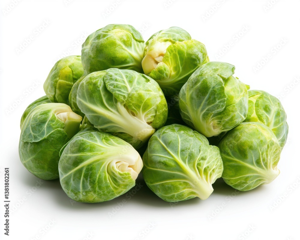 Fresh Green Brussels Sprouts Piled on White Background Fresh Green Brussels Sprouts Piled on White Background