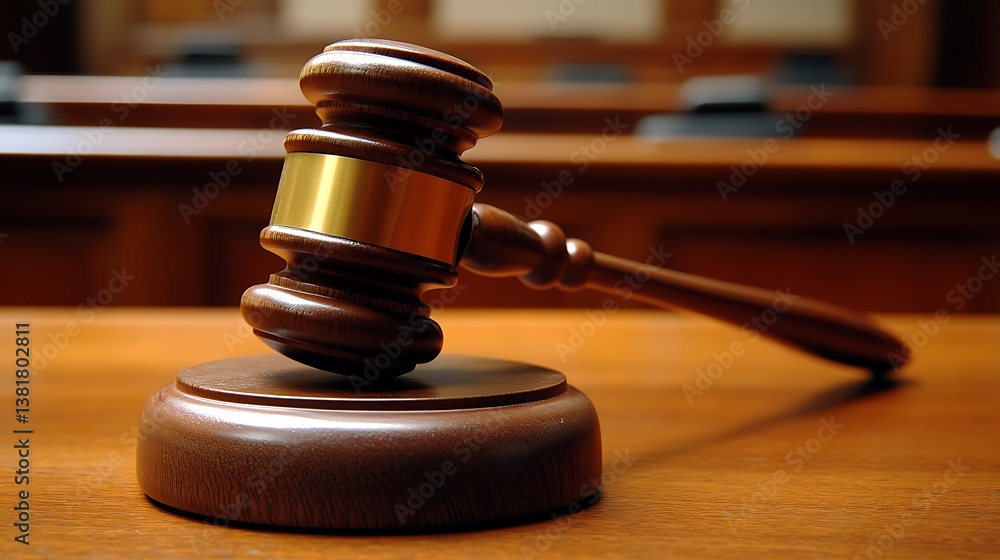 A wooden gavel rests on a wooden block on a table A wooden gavel rests on a wooden block on a table