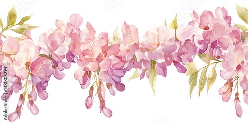 Delicate watercolor painting of pink wisteria flowers forming a beautiful seamless border Perfect for wedding invitations, greeting cards, and fabric prints