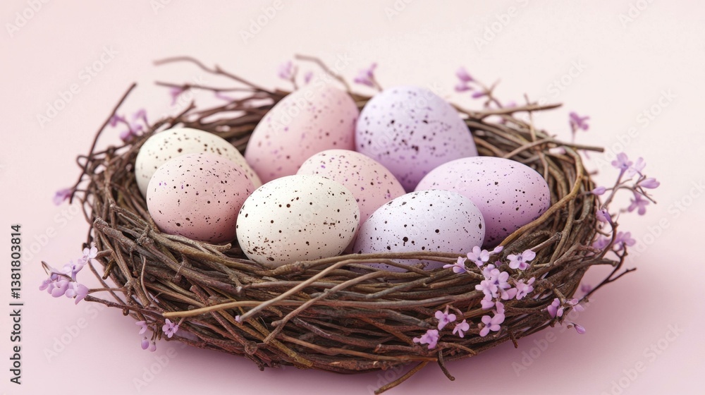 Speckled Easter Eggs in Bird Nest with Purple Blossoms Springtime Speckled Easter Eggs in Bird Nest with Purple Blossoms Springtime