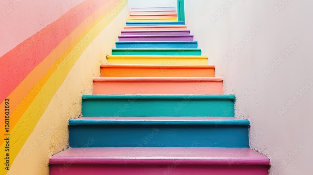 Obraz premium A vibrant, colorful staircase with rainbow hues leads upwards, showcasing creativity and a playful design against a light backdrop.