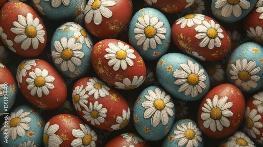 Rustic Textured Easter Eggs with Daisy Flowers Decoration on Red and Blue Surface Rustic Textured Easter Eggs with Daisy Flowers Decoration on Red and Blue Surface