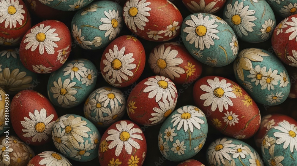Pile of Painted Easter Eggs Decorated with Daisy Flowers for Holiday Celebration Pile of Painted Easter Eggs Decorated with Daisy Flowers for Holiday Celebration