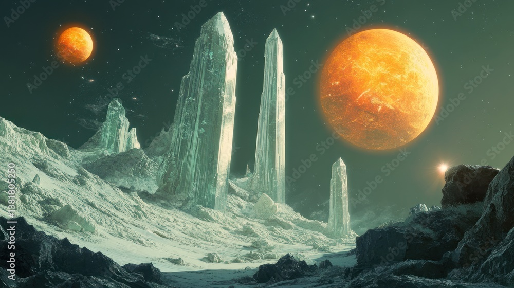 Surreal Alien Landscape with Ice Pillars and Distant Glowing Planets