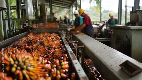 Fototapeta Naklejka Na Ścianę i Meble -  Palm Oil Processing Plant Workers Harvest Fresh Palm Fruits Industrial Production Line Agricultural Industry Rural Setting Tropical Climate Southeast 