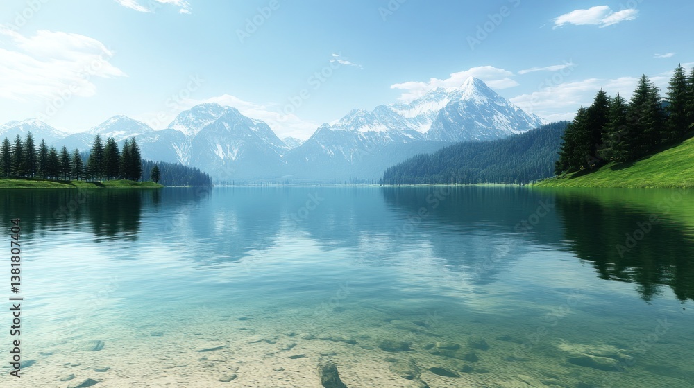Naklejka premium Serene Mountain Lake with Crystal Clear Waters and Lush Greenery