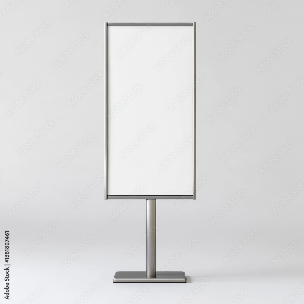 Modern steel standing frame with blank white panel on light background Modern steel standing frame with blank white panel on light background