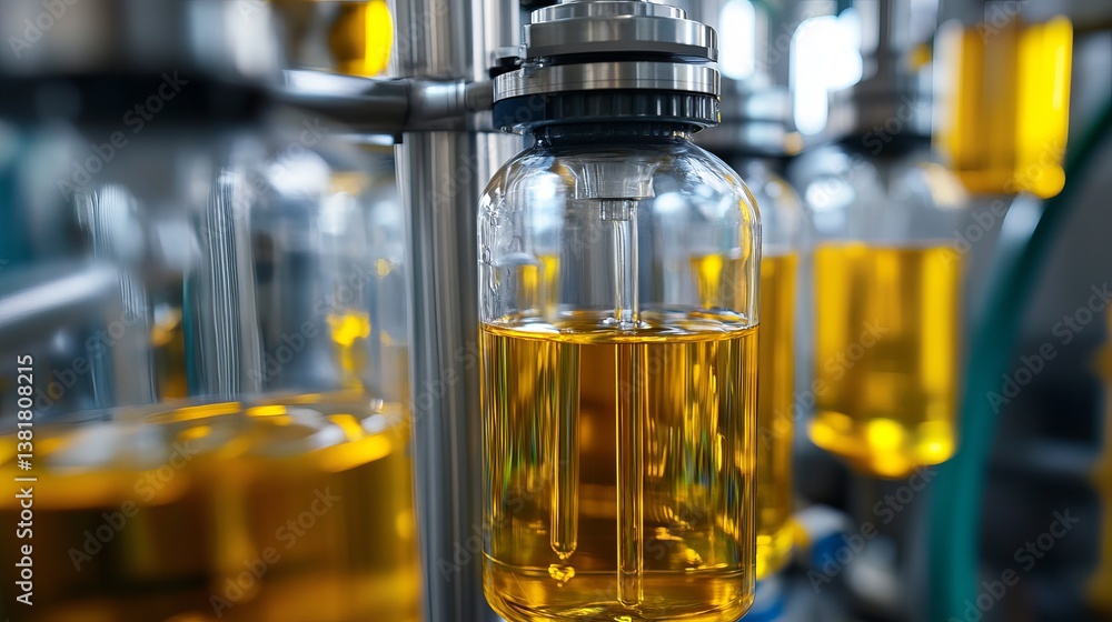 Golden Liquid Production Industrial Process Amber Oil Refinery Manufacturing Bottling Plant Yellow Fluid Glass Containers High Quality Image Modern Golden Liquid Production Industrial Process Amber Oil Refinery Manufacturing Bottling Plant Yellow Fluid Glass Containers High Quality Image Modern