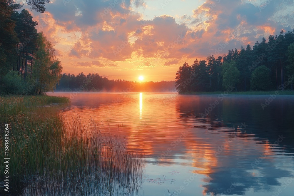 Fototapeta premium Lakeside Sunset Reflection with Reeds and Trees in Tranquil Spring Evening