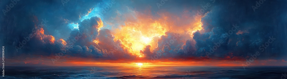 Fototapeta premium Stormy Sky with Deep Blue Clouds and Golden Sunlight Breaking Through at the Horizon