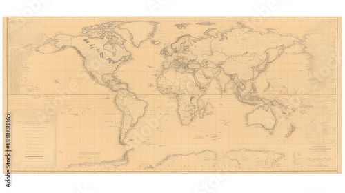 A vintage world map depicting continents and oceans around the globe