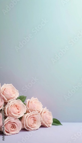 Delicate pink roses rest on a smooth surface, their soft petals and lush green leaves creating an inviting ambiance perfect for special messages or creative projects Generative AI