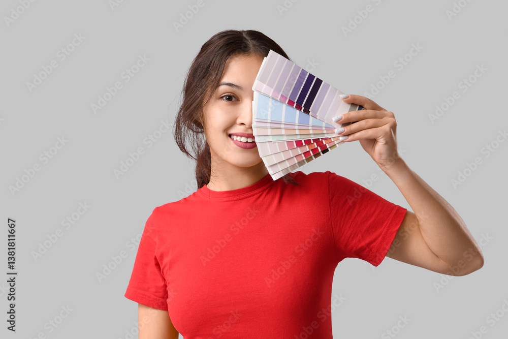 Beautiful young woman with covering face with different palette samples on grey background Beautiful young woman with covering face with different palette samples on grey background