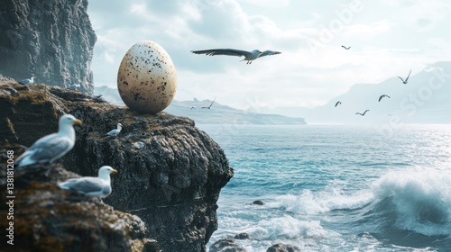 Seagulls by the Ocean Shore Giant Egg on Cliffside Landscape