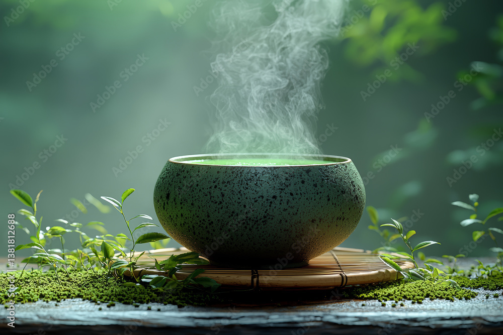 Εκτύπωση καμβά A steaming pot of matcha whisked in a traditional chawan