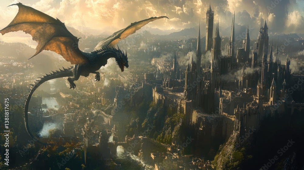 Majestic Dragon Flying Over Fantasy City Landscape with Castle and Towers