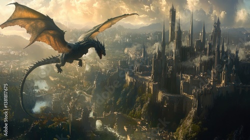 Majestic Dragon Flying Over Fantasy City Landscape with Castle and Towers