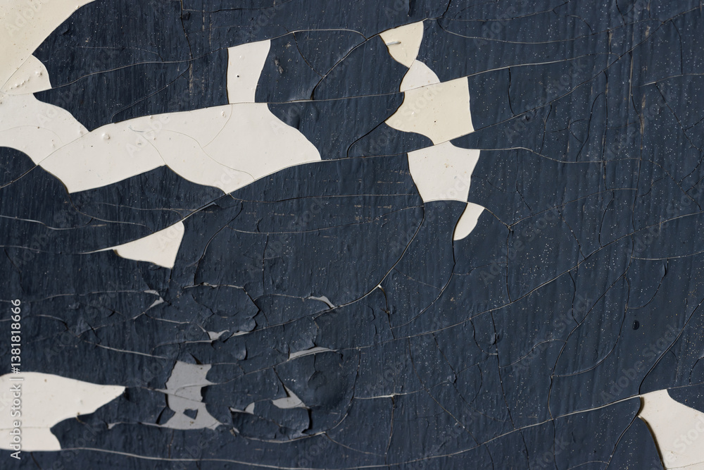 Peeling paint on the wall. Old concrete wall with cracked flaking paint. Weathered rough painted surface with patterns of cracks and peeling. High resolution texture for background and design. Closeup