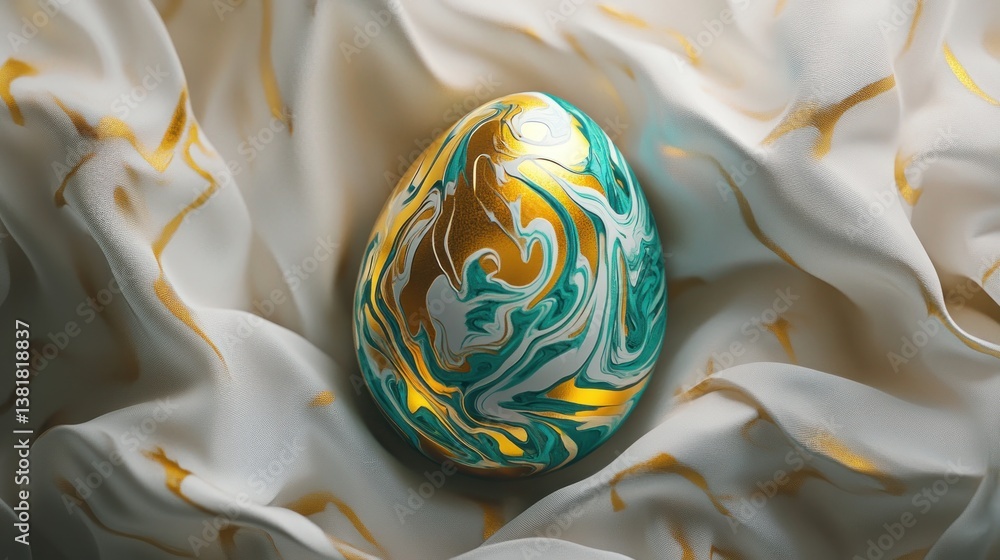 Ornate Easter Egg Resting on Silk Fabric with Swirl Design