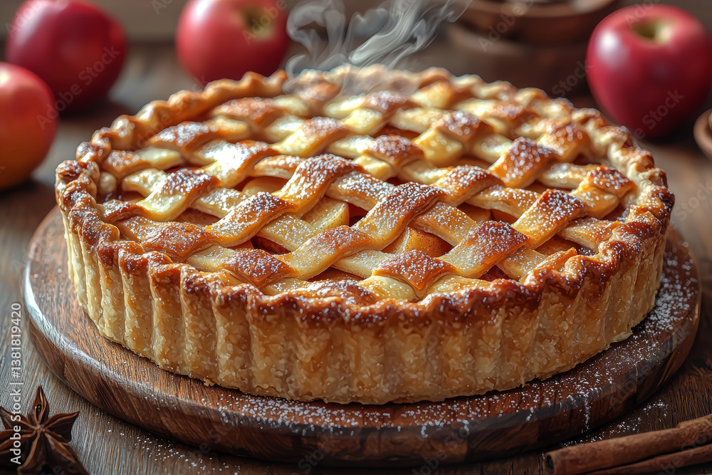 A rustic apple pie with lattice crust and cinnamon steam rising. Concept of Americana nostalgia and homemade desserts.