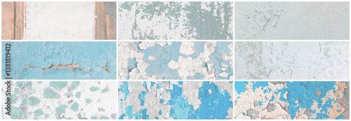 Set of panoramic background textures. Collection of wide textures with peeling paint, cracks, rust, stone and concrete walls. Faded rough surfaces of old walls. Bundle of light backgrounds for design.