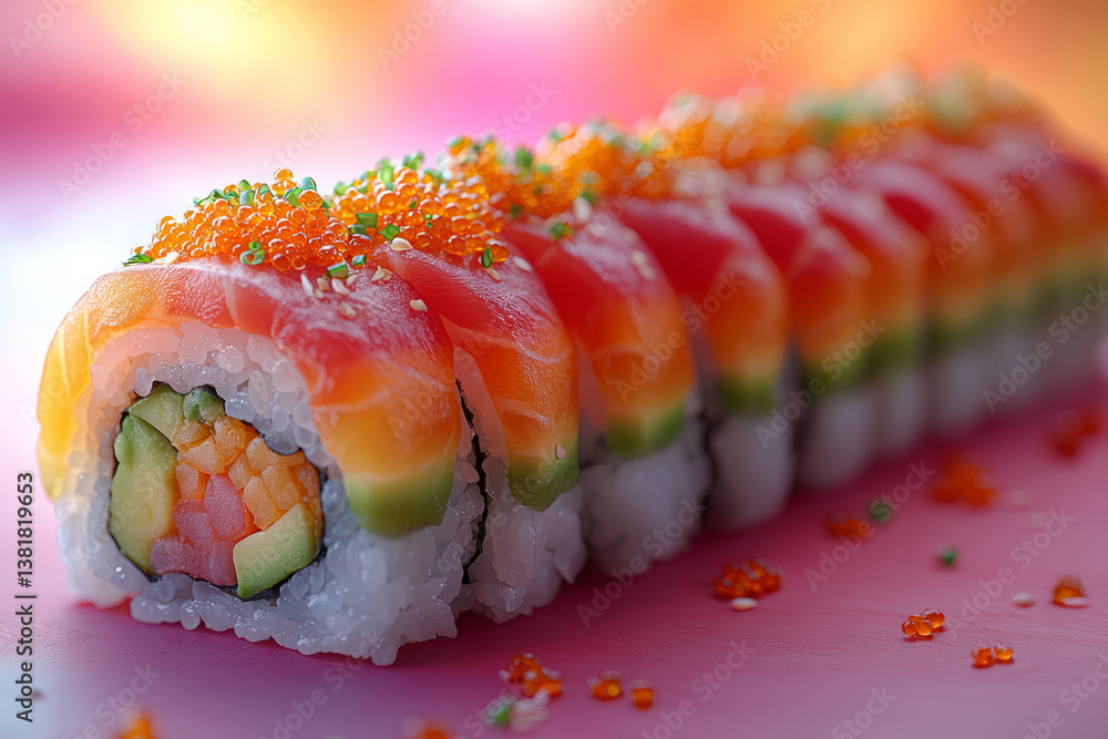 A rainbow roll sushi with avocado, tuna, and masago roe topping. Concept of modern sushi innovation and visual appeal.