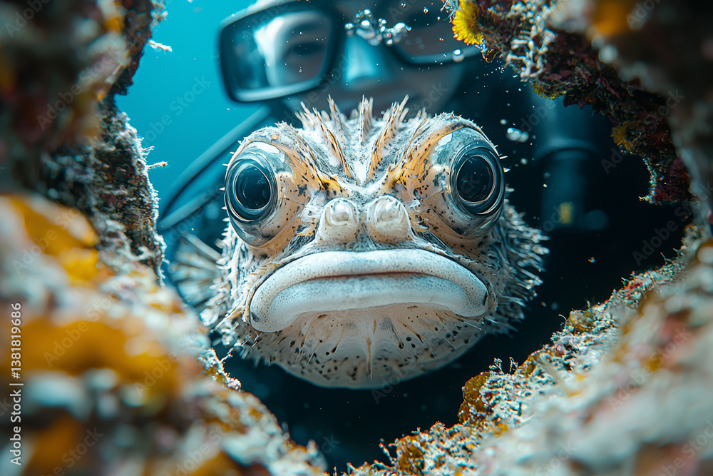 A pufferfish inflating defensively near a curious diver's camera. Concept of marine defense mechanisms and underwater curiosity.