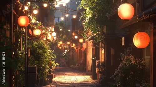 Walking Down Lit Street with Lanterns and Plants at Dusk