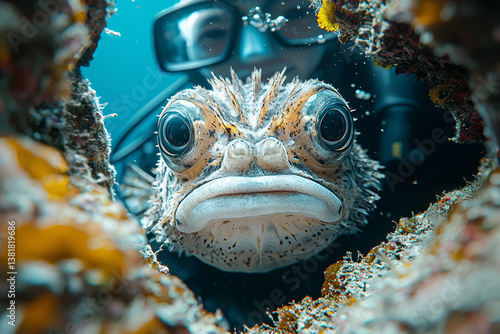 Obraz na płótnie A pufferfish inflating defensively near a curious diver's camera. Concept of marine defense mechanisms and underwater curiosity. w salonie