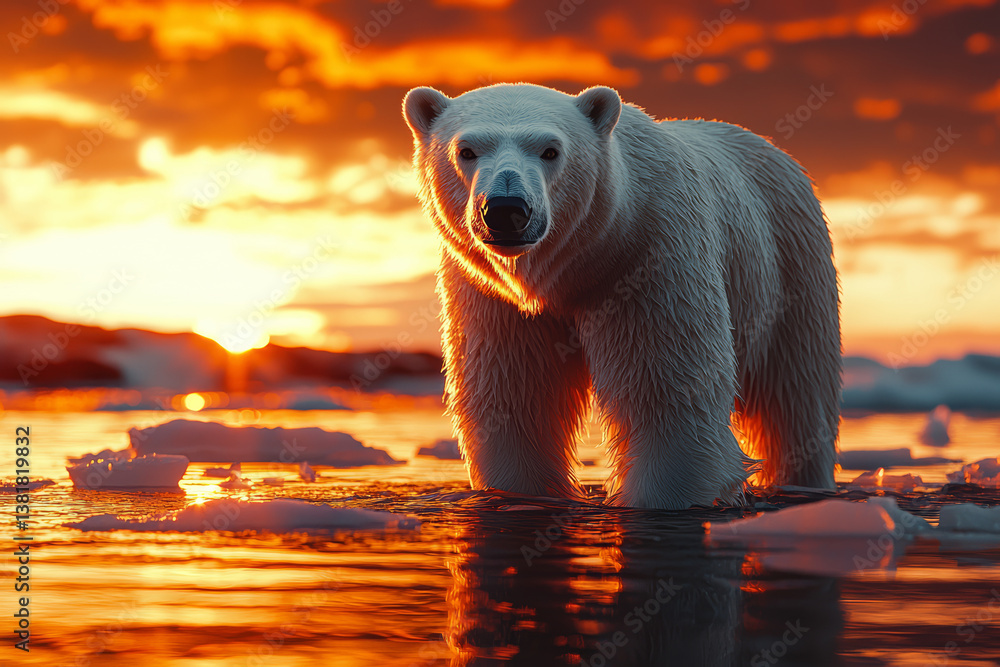 A polar bear navigating melting ice floes under a twilight sky. Concept of climate urgency and arctic vulnerability.
