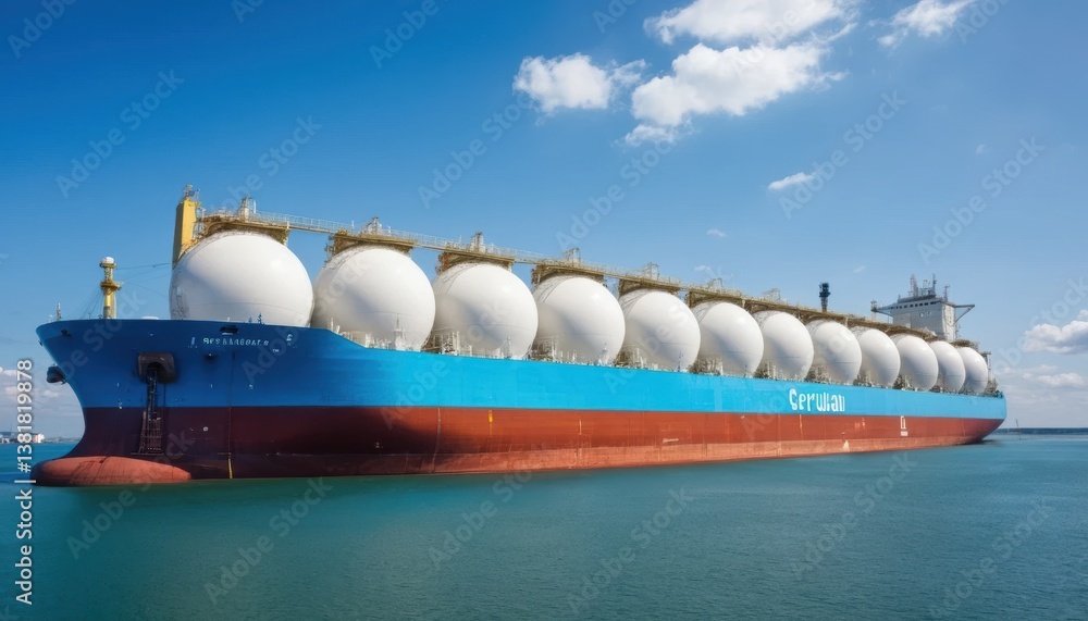 A ship in the water has several large spherical tanks on its deck.