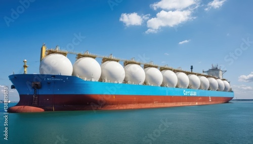 Obraz na płótnie A ship in the water has several large spherical tanks on its deck. w salonie