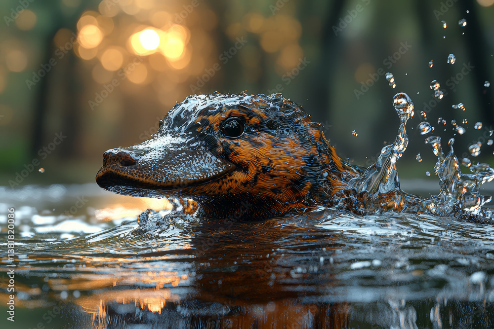 A platypus surfacing in a freshwater creek at twilight. Concept of evolutionary uniqueness and aquatic mystery.