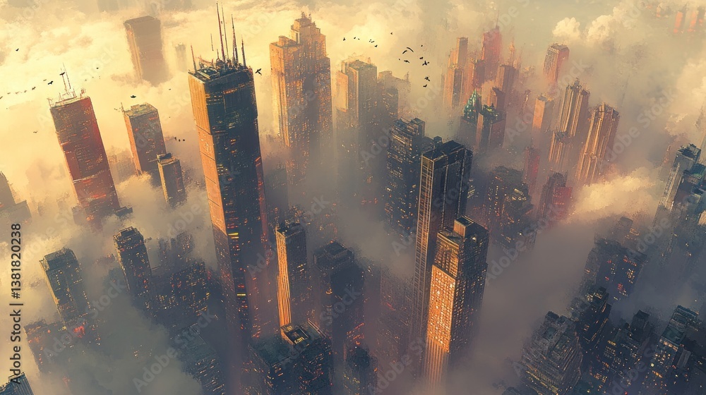 Aerial View of Cityscape with Tall Buildings Emerging From Fog