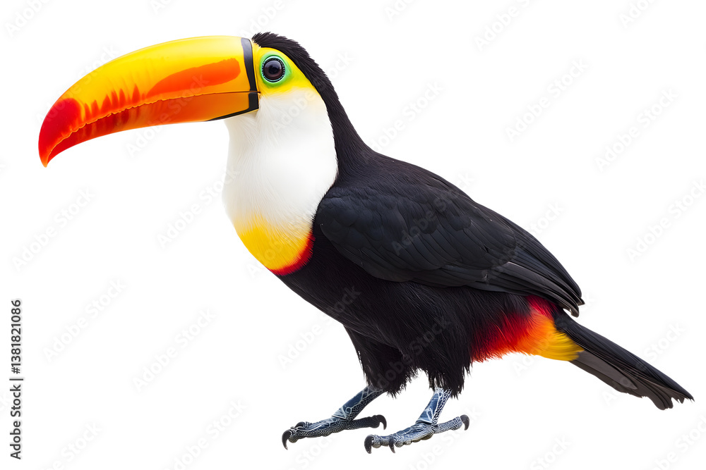 Fototapeta premium Full-body shot of a colorful toucan with a bright yellow beak, isolated on white background