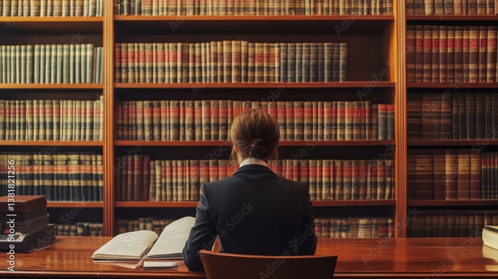 Studying Open Book in Library with Wooden Shelves and Desk
