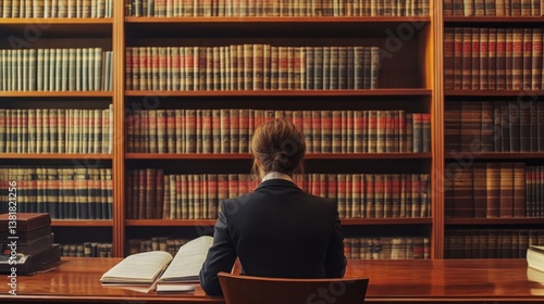 Obraz na płótnie Studying Open Book in Library with Wooden Shelves and Desk w salonie