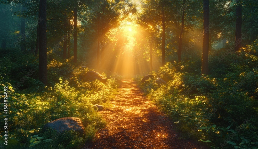 Naklejka premium Sunlight Streaming Through Pine Trees Over Green Foliage in Spring Forest Trail with Vintage Film Aesthetic