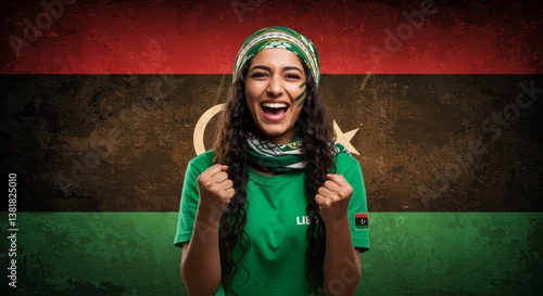 Enthusiastic Libyan Woman Celebrates, Wrapped in National Pride and Traditional Scarf