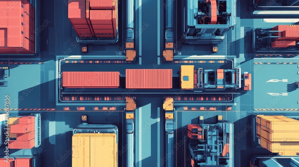 Automated robotic container transport system flat design top view futuristic logistics theme animation Complementary Color Scheme. Automated robotic container transport system flat design top view futuristic logistics theme animation Complementary Color Scheme.