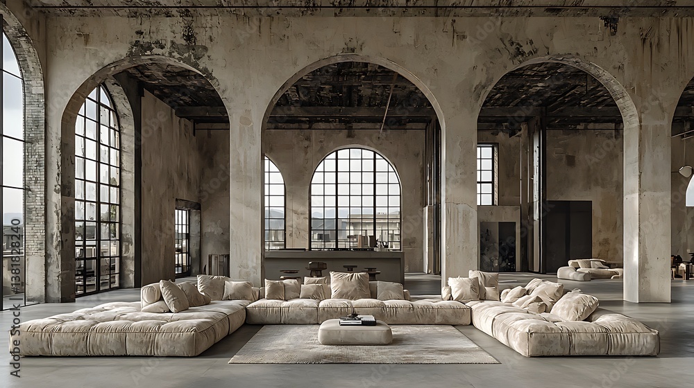 Fototapeta premium Spacious Industrial Interior with Modular Sofa