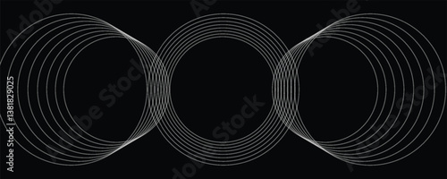 black abstract background with glowing circles. Swirl circular lines pattern. Geometric spiral. Twirl element. Modern graphic design. Futuristic technology concept. Vector illustration