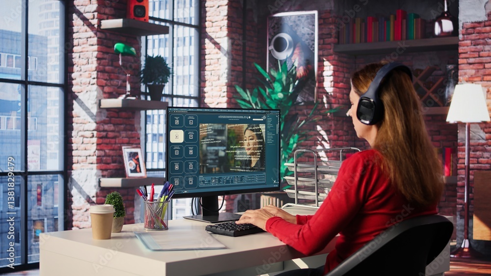 Fototapeta premium Software developer at home office coding on desktop using AI powered script, building an interface and implementing programming language algorithms. Engineer uses text to code. Camera B.