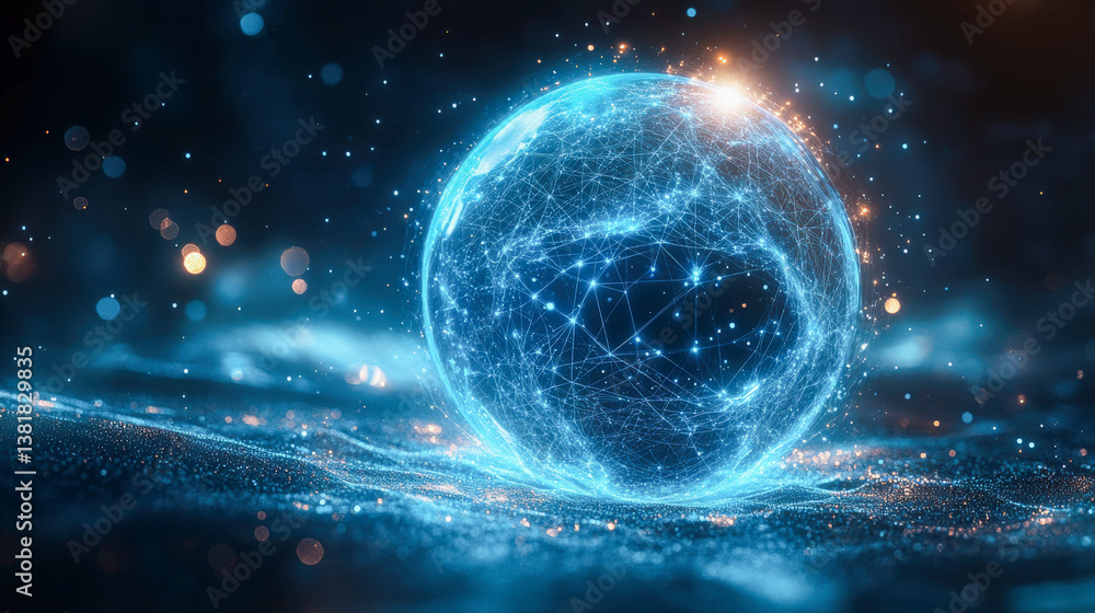 Glowing network orb creating a mesmerizing abstract display in a digital landscape at dusk Glowing network orb creating a mesmerizing abstract display in a digital landscape at dusk