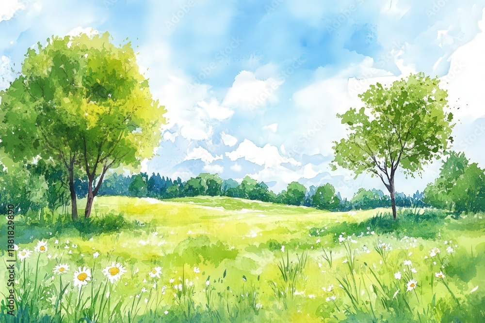 Fototapeta premium Watercolor summer landscape featuring a green meadow, trees, and blue sky. Hand-drawn countryside scenery, ideal for postcards, banners, or designs. Vibrant and serene nature illustration.