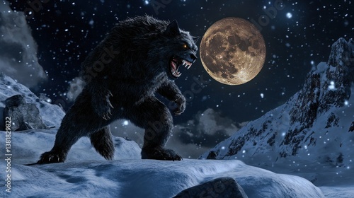 Wallpaper Mural Fierce Mythical Creature Roaring Under a Full Moon in a Snowy Landscape Torontodigital.ca