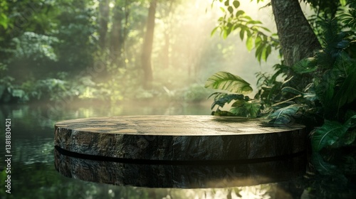 Floating stone podium on a reflecting pool of water, surrounded by lush vegetation and soft rays of sunlight. generative ai