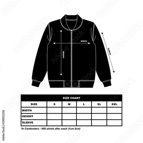 Bomber Jacket Size Chart, Hand drawn jacket outline illustration, casual clothing. Vector technical sketch. Mockup template.