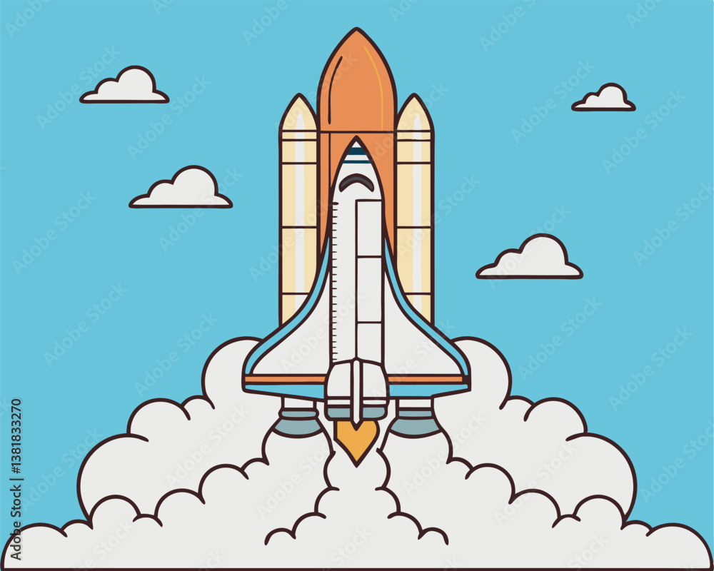 Space Shuttle Launching: Rocket Ship Flying to Space with Clouds. Space Shuttle Launching: Rocket Ship Flying to Space with Clouds.