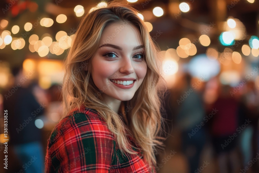 Smiling woman in a red and green plaid shirt at a Christmas party, with friends blurred in the background. Warm colors enhance the festive atmosphere. Smiling woman in a red and green plaid shirt at a Christmas party, with friends blurred in the background. Warm colors enhance the festive atmosphere.